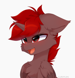 Size: 3500x3635 | Tagged: safe, artist:lunylin, imported from derpibooru, oc, oc only, oc:hardy, alicorn, pony, alicorn oc, blushing, cheek fluff, chest fluff, fluffy, horn, male, open mouth, simple background, solo, stallion, white background, wings