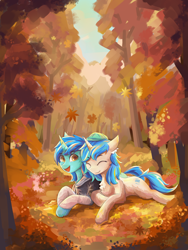 Size: 2100x2800 | Tagged: safe, artist:月下枫林, imported from derpibooru, oc, oc only, oc:blueblaze stardust, autumn, eyes closed, female, leaves, shipping, smiling, tree