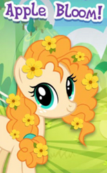Size: 203x328 | Tagged: safe, imported from derpibooru, pear butter, earth pony, pony, blatant lies, cropped, english, female, flower, flower in hair, freckles, gameloft, implied apple bloom, looking at you, mare, meme, my little pony: magic princess, picture for breezies, smiling, solo, text, wow! glimmer, wrong