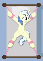 Size: 1536x2166 | Tagged: safe, artist:equestria secret guard, imported from derpibooru, oc, oc only, oc:twinblade, pony, unicorn, armpits, bed, belly button, bondage, eyebrows, featureless crotch, female, frown, helpless, horn, horn ring, lying down, magic suppression, on back, on bed, ring, rope, rope bondage, scared, sexy, solo, spread eagle, teeth, tied to bed, tied up, unicorn oc