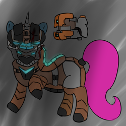 Size: 5000x5000 | Tagged: safe, artist:houndy, imported from derpibooru, oc, oc only, oc:houndy, pony, unicorn, absurd resolution, armor, blood, blood splatter, blood stains, clothes, cosplay, costume, dead space, gun, helmet, horn, light, male, pink tail, stallion, tail, technology, thicc thighs, unicorn oc, weapon, wide hips