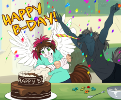 Size: 1808x1500 | Tagged: safe, artist:sunny way, imported from derpibooru, oc, oc only, oc:steven saidon, oc:sunny way, anthro, horse, pegasus, anthro horse, birthday, birthday cake, cake, cute, duo, female, food, funny, happy birthday, hoers, lol, love, male, mare, party horn, present, scared, stallion, wings