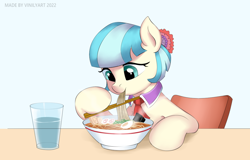 Size: 1096x701 | Tagged: safe, artist:vinilyart, imported from derpibooru, coco pommel, earth pony, pony, eating, egg, food, glass, glass of water, noodles, ramen, simple background, white background