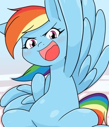 Size: 640x740 | Tagged: safe, artist:batipin, imported from derpibooru, rainbow dash, pegasus, pony, eyebrows, female, looking at you, mare, open mouth, open smile, smiling, smiling at you, solo, spread wings, wings