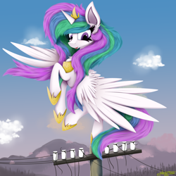 Size: 4000x4000 | Tagged: safe, artist:ser-p, imported from derpibooru, princess celestia, alicorn, pony, absurd resolution, crown, female, hoof shoes, jewelry, mare, power line, regalia, solo, spread wings, wings