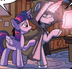Size: 750x725 | Tagged: safe, artist:tonyfleecs, idw, imported from derpibooru, shadow lock, twilight sparkle, alicorn, pony, unicorn, from the shadows, spoiler:comic, spoiler:comic53, cloak, clothes, cropped, duo, female, glowing, glowing horn, horn, male, mare, paper, raised hoof, stallion, twilight sparkle (alicorn)
