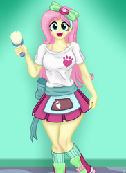 Size: 1280x1761 | Tagged: safe, alternate version, artist:lennondash, imported from derpibooru, fluttershy, human, eqg summertime shorts, equestria girls, pet project, brush, female, open mouth, open smile, smiling, solo
