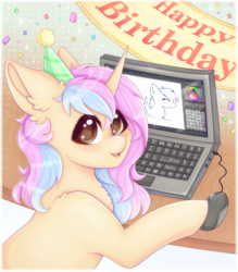 Size: 2100x2400 | Tagged: safe, artist:saltyvity, imported from derpibooru, oc, pony, unicorn, big eyes, blue hair, blushing, brown eyes, commission, computer, confetti, cute, drawing, ear fluff, fluffy, happy, happy birthday, krita, laptop computer, paint, painting, particles, pc, pink hair, solo, sparkles