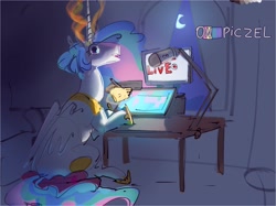 Size: 3205x2395 | Tagged: safe, artist:alumx, imported from derpibooru, princess celestia, alicorn, pony, computer, drawing tablet, female, hand, looking at you, looking back, looking back at you, magic, magic hands, mare, sitting, solo