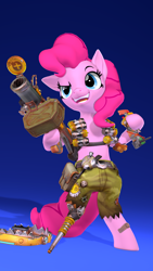Size: 2160x3840 | Tagged: safe, artist:owlpirate, imported from derpibooru, pinkie pie, earth pony, pony, 3d, 4k, amputee, bipedal, clothes, cosplay, costume, female, gradient background, grenade launcher, high res, hoof hold, junkrat, mare, open mouth, open smile, overwatch, peg leg, prosthetic leg, prosthetic limb, prosthetics, smiling, solo, source filmmaker, weapon