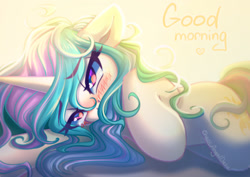 Size: 1323x935 | Tagged: safe, artist:chaosangeldesu, imported from derpibooru, princess celestia, alicorn, pony, blushing, cute, looking at you, morning, smiling, smiling at you, solo