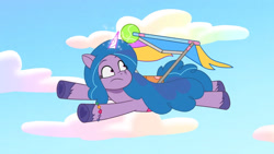 Size: 3072x1727 | Tagged: safe, imported from derpibooru, screencap, izzy moonbow, pony, unicorn, spoiler:g5, spoiler:my little pony: tell your tale, spoiler:tyts01e36, ball, broken, cloud, female, flying, frown, g5, high res, izzy's tennis ball, kite, magic, mare, my little pony: tell your tale, sky, solo, take flight in the marestream, telekinesis, tennis ball, youtube link