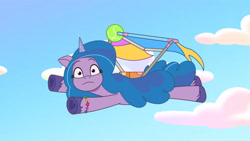 Size: 3072x1727 | Tagged: safe, imported from derpibooru, screencap, izzy moonbow, pony, unicorn, spoiler:g5, spoiler:my little pony: tell your tale, spoiler:tyts01e36, ball, breaking the fourth wall, broken, cloud, female, flying, frown, g5, high res, izzy's tennis ball, kite, looking at you, mare, my little pony: tell your tale, sky, solo, take flight in the marestream, tennis ball, youtube link