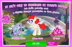 Size: 1964x1296 | Tagged: safe, imported from derpibooru, twist, earth pony, pony, the last problem, advertisement, bridge, bush, costs real money, english, female, flower, gameloft, gem, glasses, mare, mirror, my little pony: magic princess, numbers, official, older, older twist, sale, solo, solo focus, text