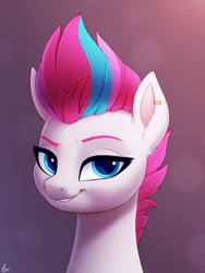 Size: 1500x2000 | Tagged: safe, artist:luminousdazzle, imported from derpibooru, zipp storm, pegasus, pony, blue eyes, bust, ear piercing, eyebrows, female, g5, grin, looking at you, mare, multicolored mane, piercing, portrait, simple background, smiling, smiling at you, smug, solo
