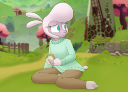 Size: 2290x1660 | Tagged: safe, artist:hitsuji, imported from derpibooru, anthro, lamb, sheep, unguligrade anthro, them's fightin' herds, adorapom, brick wall, clothes, community related, cute, female, fence, food, house, looking offscreen, pants, pom (tfh), sandwich, solo, tree, turtleneck, windmill