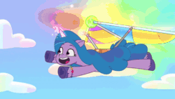 Size: 1280x720 | Tagged: safe, imported from derpibooru, screencap, izzy moonbow, zipp storm, pegasus, pony, unicorn, spoiler:tyts01e36, absurd file size, absurd gif size, animated, ball, broken, duo, duo female, falling, female, flying, g5, gif, izzy's tennis ball, kite, magic, mare, my little pony: tell your tale, open mouth, open smile, rescue, smiling, take flight in the marestream, tennis ball, uh oh, youtube link