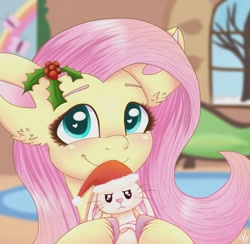 Size: 1987x1939 | Tagged: safe, artist:galaxy swirl, imported from derpibooru, angel bunny, fluttershy, pegasus, pony, angel bunny is not amused, blushing, christmas, cute, fluttershy's cottage (interior), hat, heart, heart eyes, holiday, holly, looking at you, santa hat, shyabetes, smiling, smiling at you, unamused, wingding eyes