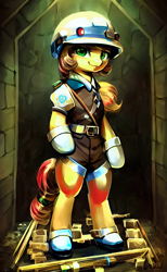 Size: 1024x1664 | Tagged: safe, artist:darbarri, derpibooru exclusive, imported from derpibooru, crystal pony, semi-anthro, ai assisted, ai content, ai generated, clothes, detailed, female, floppy ears, full body, generator:stable diffusion, looking at you, mare, solo, standing, the crystal empire 10th anniversary, uniform, uniform hat