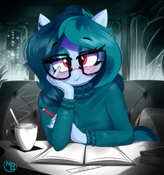 Size: 3169x3378 | Tagged: safe, artist:nevobaster, imported from derpibooru, oc, oc only, oc:delta vee, anthro, pegasus, backpack, bedroom eyes, blushing, book, cafe, clothes, coffee mug, female, glasses, looking at you, makeup, meganekko, mug, notebook, pencil, rain, sitting, solo, stare, staring at you, sweater