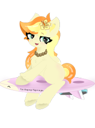 Size: 1080x1441 | Tagged: safe, artist:sodapop sprays, imported from derpibooru, oc, oc only, oc:sodapop sprays, pegasus, chest fluff, female, flower, flower in hair, jewelry, looking at you, mare, necklace, powerboard, simple background, sitting, smiling, smiling at you, solo, surfboard, transparent background