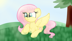 Size: 1920x1080 | Tagged: safe, artist:sugarcloud12, imported from derpibooru, fluttershy, pony, lying down, prone, solo