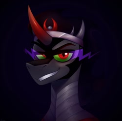 Size: 1170x1153 | Tagged: safe, artist:rtootb, imported from derpibooru, king sombra, pony, unicorn, badass, crystal empire, evil, evil grin, green eyes, grin, looking at you, male, simple background, smiling, solo, sombra eyes, stallion, the crystal empire 10th anniversary