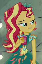 Size: 410x630 | Tagged: safe, edit, edited screencap, imported from derpibooru, screencap, sunset shimmer, human, equestria girls, legend of everfree, clothes, cropped, crystal gala dress, cup, dress, smiling, smirk, smugset shimmer, solo, teasing