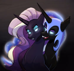 Size: 2587x2470 | Tagged: safe, artist:chub-wub, imported from derpibooru, nightmare moon, nightmare rarity, alicorn, pony, unicorn, bedroom eyes, dance of the nightmares, duo, eyeshadow, fangs, female, grin, helmet, lesbian, makeup, open mouth, self paradox, selfcest, shipping, smiling