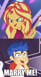 Size: 490x910 | Tagged: safe, edit, edited screencap, imported from derpibooru, screencap, flash sentry, sunset shimmer, human, equestria girls, equestria girls series, spring breakdown, spoiler:eqg series (season 2), bedroom eyes, blushing, electric guitar, female, flashimmer, guitar, hands on cheeks, male, musical instrument, shipping, shipping domino, smiling, starry eyes, straight, wingding eyes