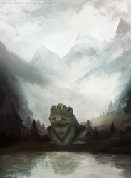 Size: 1714x2323 | Tagged: safe, artist:sinrinf, imported from derpibooru, oc, oc:keala, frog, pony, cloud, commission, fog, mountain, scenery, sleeping, solo