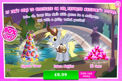 Size: 1957x1298 | Tagged: safe, imported from derpibooru, derpy hooves, pegasus, pony, advertisement, bag, bridge, costs real money, cupcake, english, envelope, female, food, gameloft, gem, hat, letter, mailmare, mare, my little pony: magic princess, numbers, official, older, older derpy hooves, package, ponytail, sale, solo, solo focus, spread wings, text, wings
