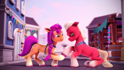 Size: 3840x2160 | Tagged: safe, artist:psfmer, imported from derpibooru, sprout cloverleaf, sunny starscout, earth pony, pony, 3d, duo, duo male and female, female, g5, holding hoof, male, mare, maretime bay, my little pony: a maretime bay adventure, scene interpretation, source filmmaker, stallion, unshorn fetlocks