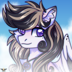 Size: 3000x3000 | Tagged: safe, artist:fluffywhirlpool, imported from derpibooru, oc, oc only, oc:sketch, pegasus, pony, bust, chest fluff, cloud, commission, curly mane, ear fluff, ear piercing, earring, heart, heart eyes, jewelry, looking away, male, multicolored mane, partially open wings, pegasus oc, pendant, piercing, portrait, purple eyes, sky, sky background, smiling, solo, stallion, two toned mane, wingding eyes, wings