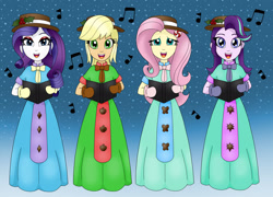 Size: 2736x1972 | Tagged: safe, artist:bageloftime, imported from derpibooru, applejack, fluttershy, rarity, starlight glimmer, human, equestria girls, candy, caroling, christmas, christmas 2022, clothes, cute, dress, food, gown, group, hat, holiday, holly, humanized, lidded eyes, long dress, long skirt, looking at you, mittens, music notes, open mouth, quartet, singing, skirt, snow