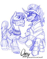 Size: 700x876 | Tagged: safe, artist:omny87, imported from derpibooru, king sombra, shining armor, pony, unicorn, 2021, alternate universe, clothes, gay, harem outfit, infidelity, jewelry, male, pencil drawing, see-through, shiningsombra, shipping, sketch, slave, traditional art, veil