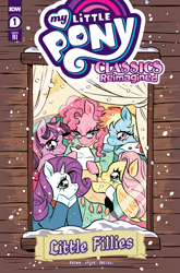 Size: 2063x3131 | Tagged: safe, idw, imported from derpibooru, fluttershy, pinkie pie, rainbow dash, rarity, twilight sparkle, earth pony, pegasus, unicorn, background pony applejack, comic cover, glasses, happy, letter, little women, my little pony classics reimagined: little fillies, official, official comic, smiling, snow
