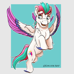 Size: 2205x2205 | Tagged: safe, artist:linatikart, imported from derpibooru, zipp storm, pegasus, pony, female, flying, g5, mare, solo, spread wings, wings