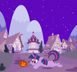 Size: 2048x1909 | Tagged: safe, artist:erkints, imported from derpibooru, twilight sparkle, undead, unicorn, vampire, floppy ears, halloween, holiday, jack-o-lantern, night, ponyville, pumpkin, red eyes, unicorn twilight