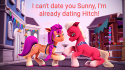 Size: 3840x2160 | Tagged: safe, artist:psfmer, edit, imported from derpibooru, sprout cloverleaf, sunny starscout, earth pony, pony, 3d, duo, duo male and female, female, g5, holding hoof, implied gay, implied hitchsprout, implied shipping, male, mare, maretime bay, my little pony: a maretime bay adventure, scene interpretation, shipping, source filmmaker, stallion, straight, sunnysprout, text, text edit, unshorn fetlocks