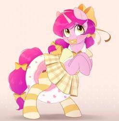 Size: 1285x1300 | Tagged: safe, artist:shuphle, imported from derpibooru, oc, oc only, pony, bow, clothes, cute, diaper, diaper fetish, dress, female, fetish, hair bow, non-baby in diaper, pacifier, poofy diaper, socks, striped socks