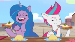 Size: 800x450 | Tagged: safe, imported from derpibooru, screencap, izzy moonbow, zipp storm, pegasus, pony, unicorn, spoiler:g5, spoiler:my little pony: tell your tale, spoiler:tyts01e36, animated, duo, eating, eyes closed, female, food, g5, gif, herbivore, loop, mare, my little pony: tell your tale, plate, sandwich, smiling, table, take flight in the marestream, youtube link