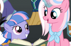 Size: 800x516 | Tagged: safe, imported from derpibooru, screencap, clear sky, wind sprint, pegasus, pony, unicorn, common ground, animated, book, cup, cute, duo, duo female, female, filly, foal, freckles, gif, head rub, looking at each other, looking at someone, magic, mare, mother and child, mother and daughter, smiling, sprintabetes, talking, telekinesis