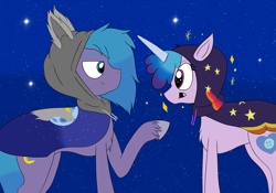 Size: 2750x1921 | Tagged: safe, artist:madtown97, imported from derpibooru, izzy moonbow, oc, oc:oleander nightshade, oc:olly, earth pony, pony, unicorn, spoiler:g5, spoiler:my little pony: tell your tale, spoiler:tyts01e34, clothes, collaboration, female, g5, hoodie, male, mare, my little pony: tell your tale, night, raised hoof, sneaksy, sneaksy strikes again, sparkles, stars
