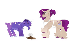 Size: 1280x732 | Tagged: safe, artist:itstechtock, imported from derpibooru, oc, oc only, oc:cosmos, oc:maple mulberry, goat, pony, unicorn, female, glasses, mare, simple background, unshorn fetlocks, white background