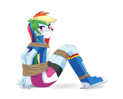 Size: 800x650 | Tagged: safe, artist:riouku, imported from derpibooru, rainbow dash, human, equestria girls, arm behind back, blushing, bondage, boots, bound and gagged, cloth gag, clothes, commission, compression shorts, damsel in distress, dashsub, female, femsub, gag, jacket, rainbond dash, rainbow socks, rope, rope bondage, shoes, simple background, skirt, socks, solo, striped socks, submissive, tied up, white background