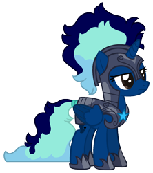 Size: 1200x1353 | Tagged: safe, artist:calibykitty, imported from derpibooru, oc, oc only, oc:midnight specter, alicorn, pony, armor, armored pony, base used, blue mane, brown eyes, colored wings, female, folded wings, guardsmare, horn, lidded eyes, long hair, long tail, mare, mohawk, multicolored hair, multicolored wings, night guard, royal guard, simple background, solo, tail, transparent background, unamused, wings