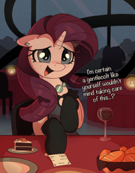 Size: 3917x5000 | Tagged: safe, artist:nookprint, imported from derpibooru, rarity, pony, unicorn, absurd resolution, alcohol, bill, bread, cake, cake slice, candle, clothes, date, dialogue, dress, ear piercing, earring, evening gloves, female, floppy ears, food, glass, gloves, grin, horn, jewelry, long gloves, mare, nervous, nervous grin, nervous sweat, open mouth, open smile, piercing, restaurant, sitting, smiling, stockings, sweat, sweatdrop, talking, talking to viewer, thigh highs, wine, wine glass