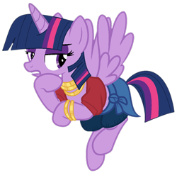 Size: 1072x1045 | Tagged: safe, artist:katnekobase, artist:twilyisbestpone, derpibooru exclusive, imported from derpibooru, twilight sparkle, valley glamour, alicorn, pony, bracelet, clothes, eyeshadow, flying, frown, gold, hoof on chin, jewelry, lidded eyes, makeup, midriff, necklace, pegasus wings, shirt, shorts, simple background, solo, spread wings, transparent background, twilight sparkle (alicorn), wings