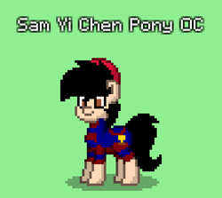 Size: 368x328 | Tagged: safe, artist:josephlu2021, imported from derpibooru, oc, oc only, oc:sam yi chen, earth pony, pony, pony town, black hair, clothes, earth pony oc, football, green background, hat, pony oc, red hat, simple background, solo, sports, sports outfit, uniform